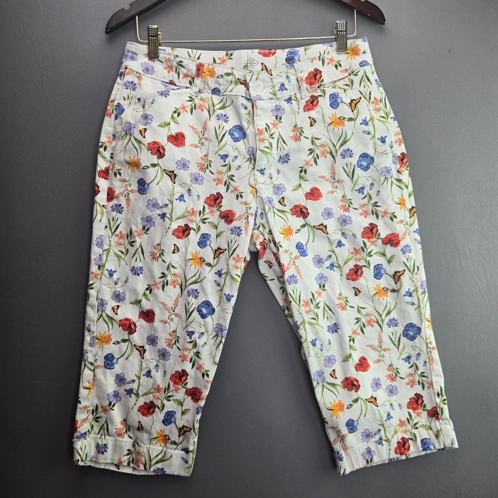 St. John's Bay Floral Capri Pants 10P White Butterfly Poppy Cropped Trousers